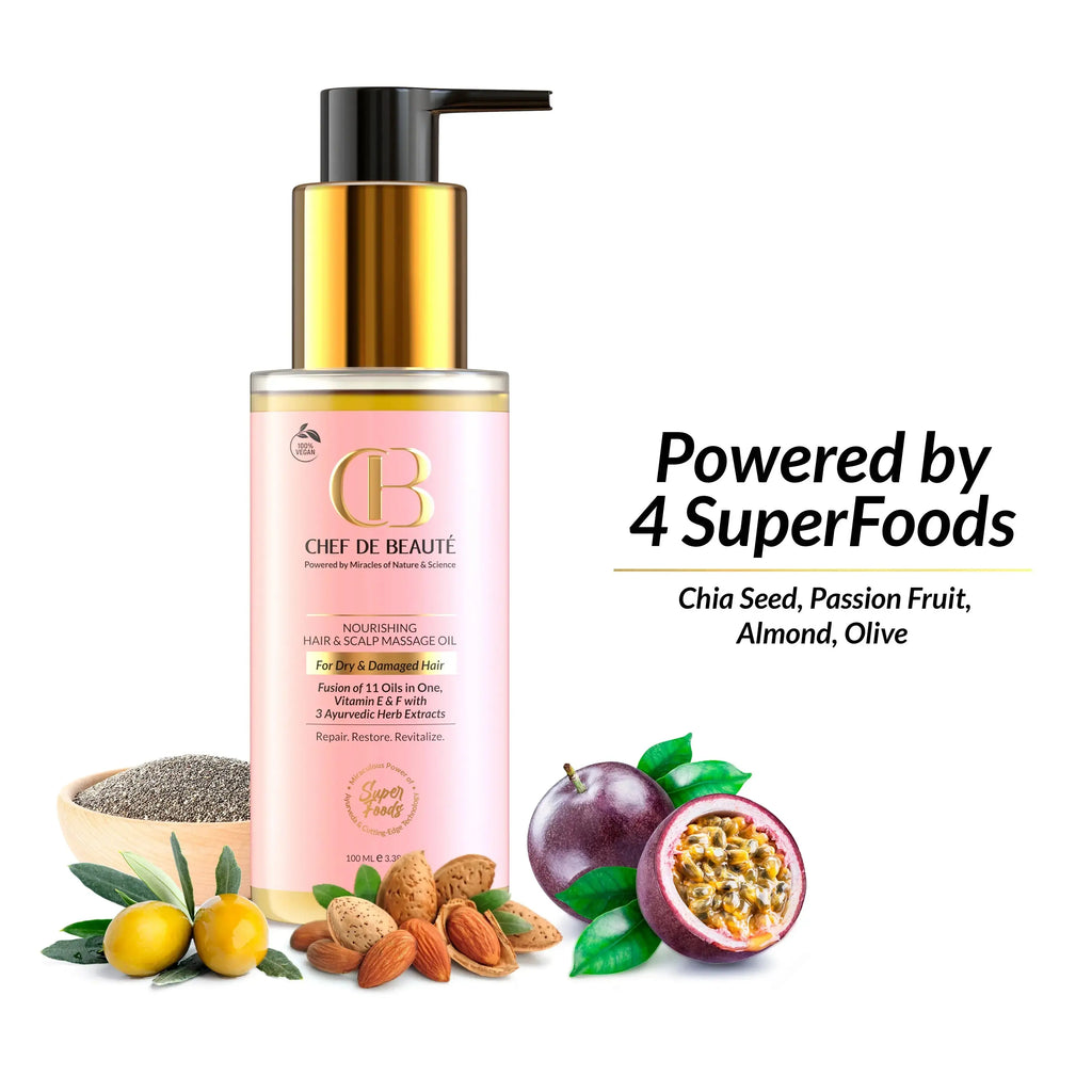 CDB's SuperFoods Powered Hair and Scalp Massage Oil for Split Ends, Frizzy, Dry and Damaged Hair with FusionTech CHEF DE BEAUTÉ